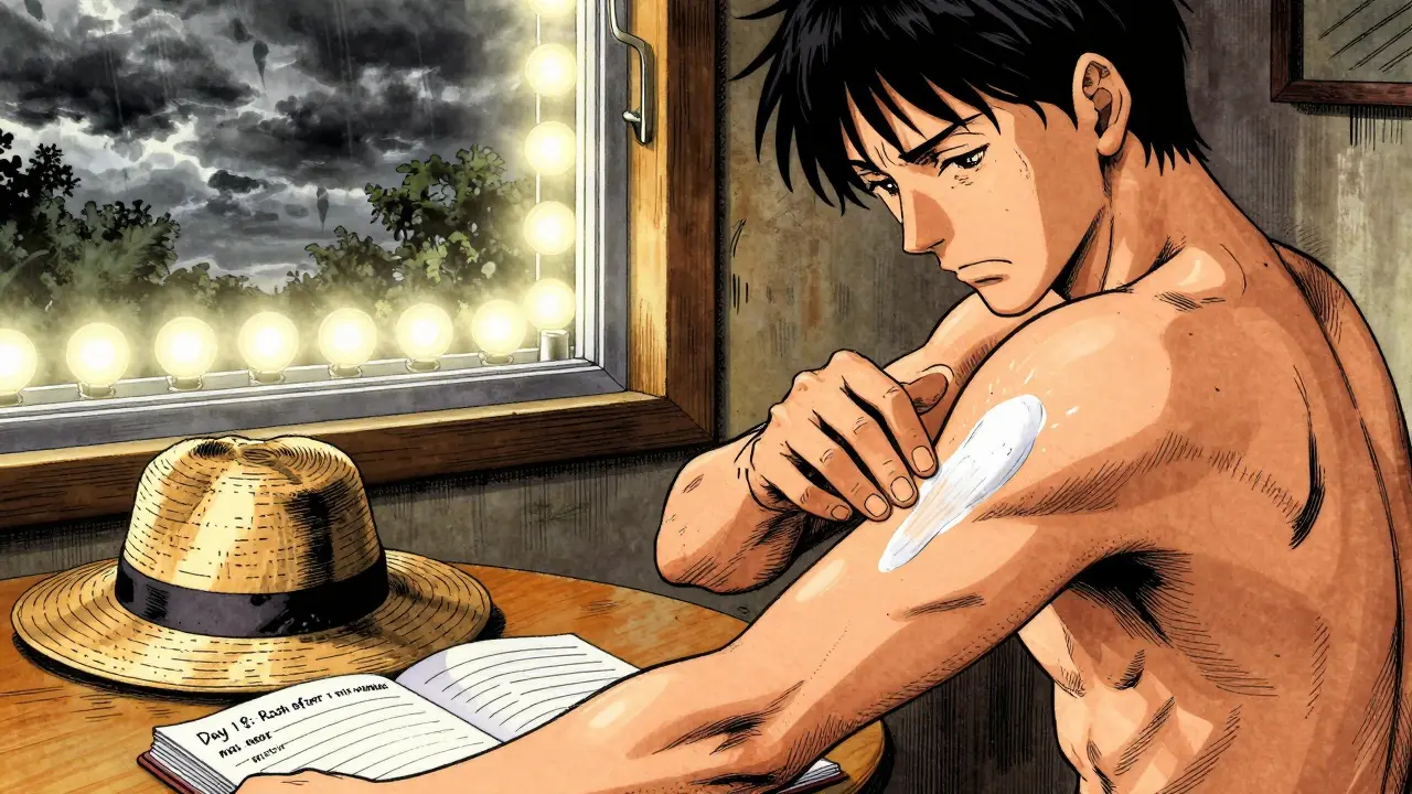 Person applying mineral sunscreen indoors, UV-blocking film on window, LED lights replacing fluorescents.