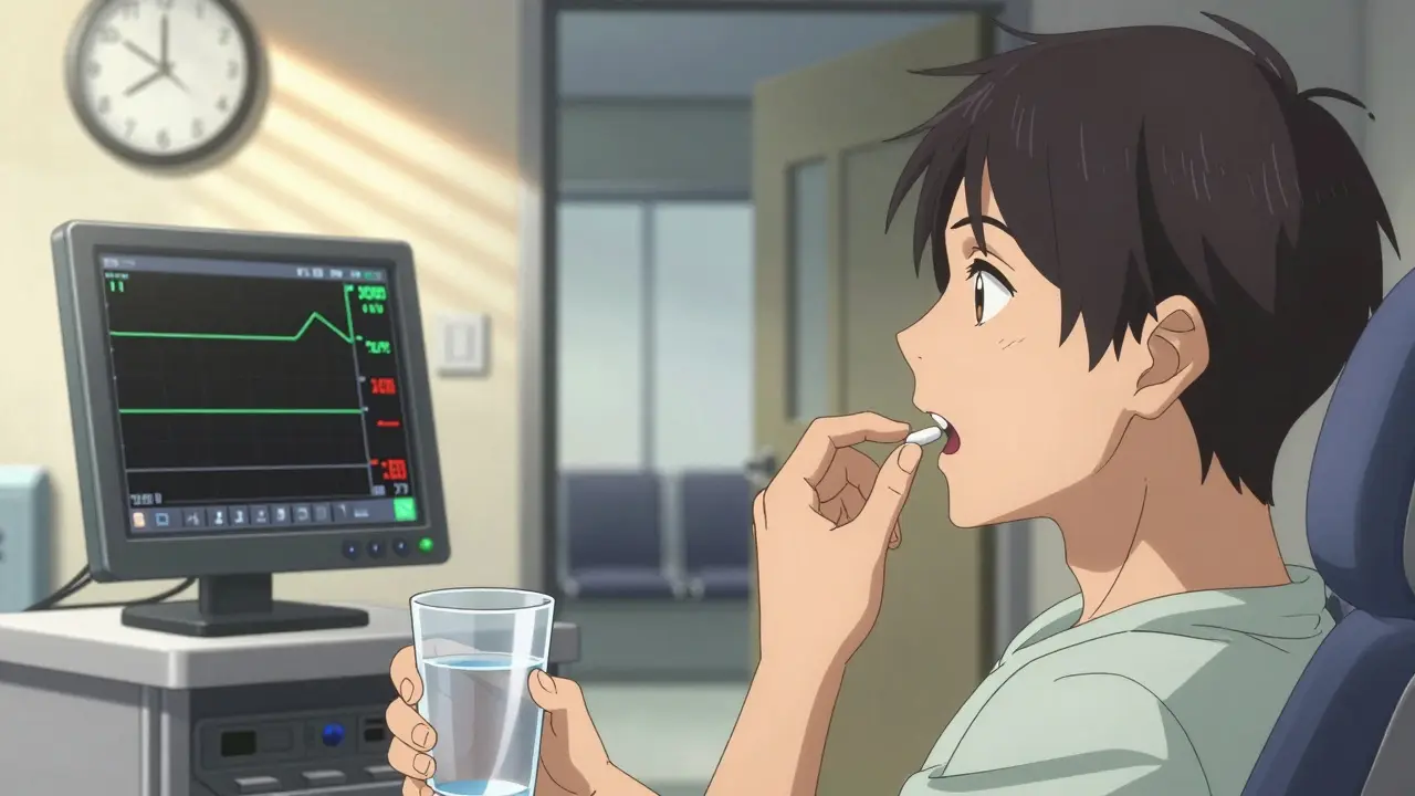 Person swallowing a small antibiotic pill during a supervised oral challenge.