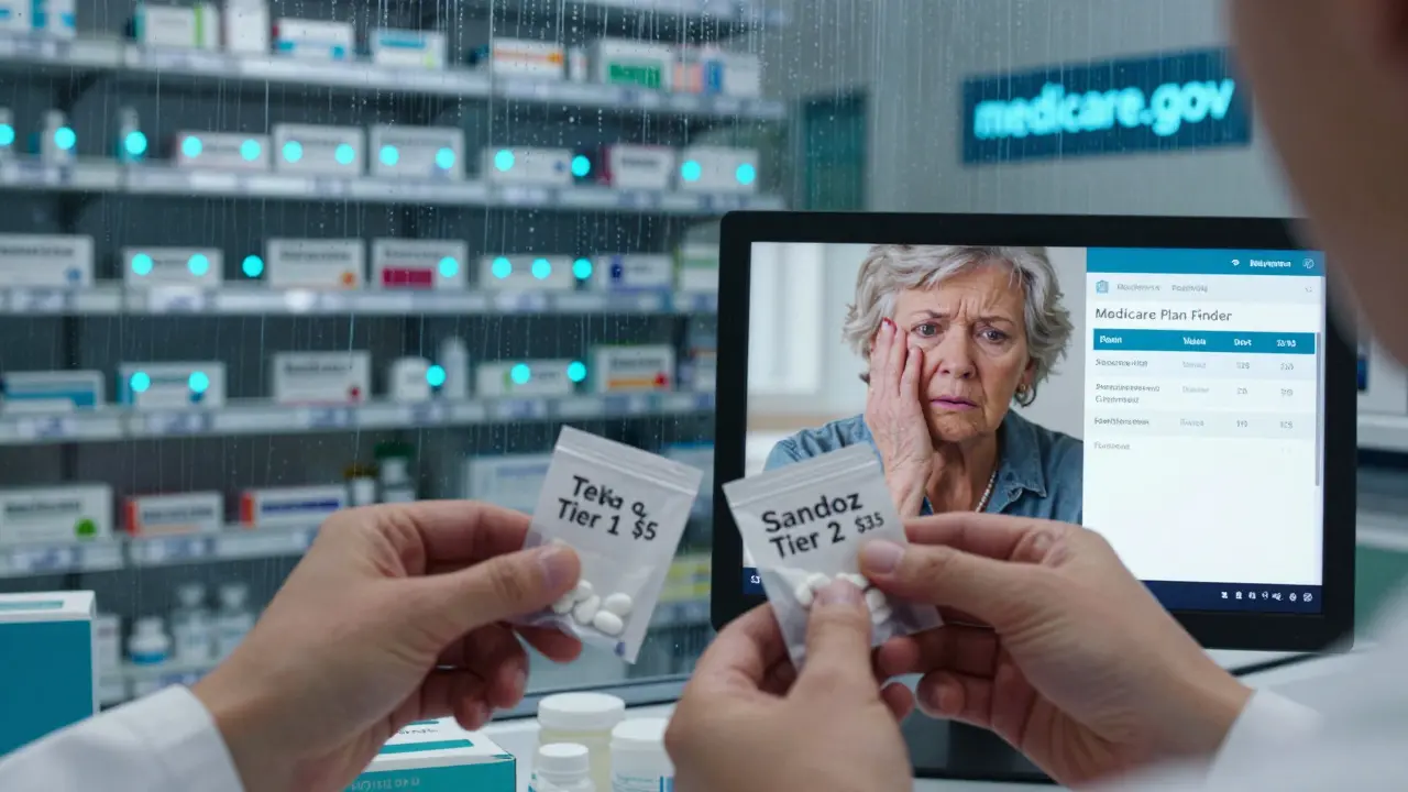 Pharmacist handing out two identical generics with different costs, patient watching a plan comparison screen.