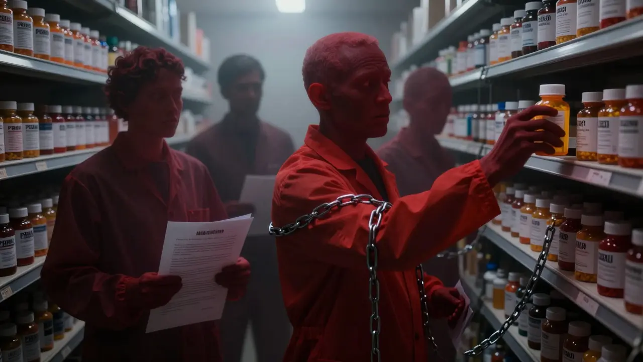 Pharmacist reaching for generic pill bottle while ghostly negotiators loom with contracts forming chains around it.
