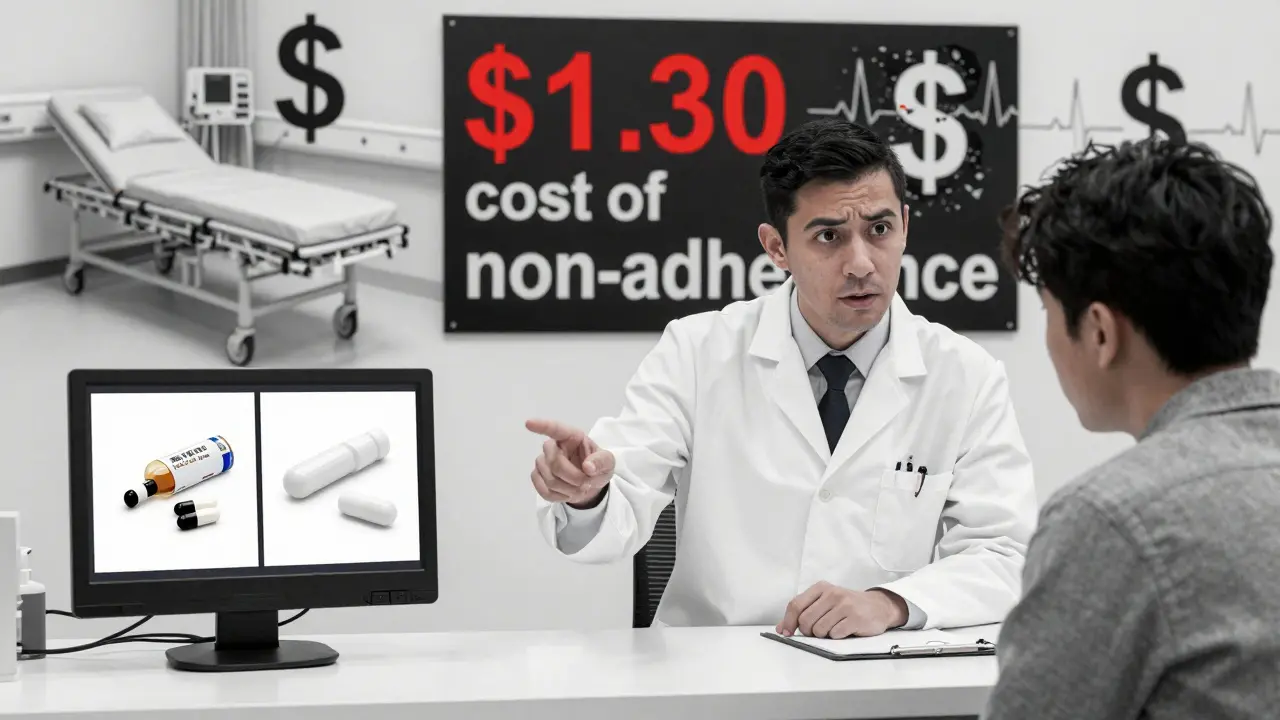 Pharmacist showing digital pill comparison to patient, medical consequences implied in background.