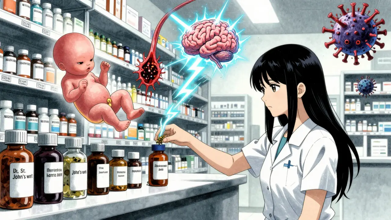 Pharmacy scene with St. John’s Wort triggering multiple medical hazards: pregnancy, clot, serotonin surge, virus mutation.