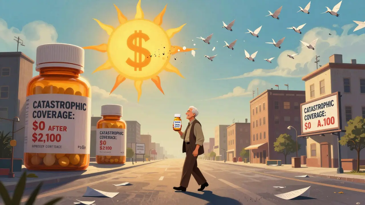 Senior walking through a symbolic city of pill buildings under a sun of dollar signs, free from costs.