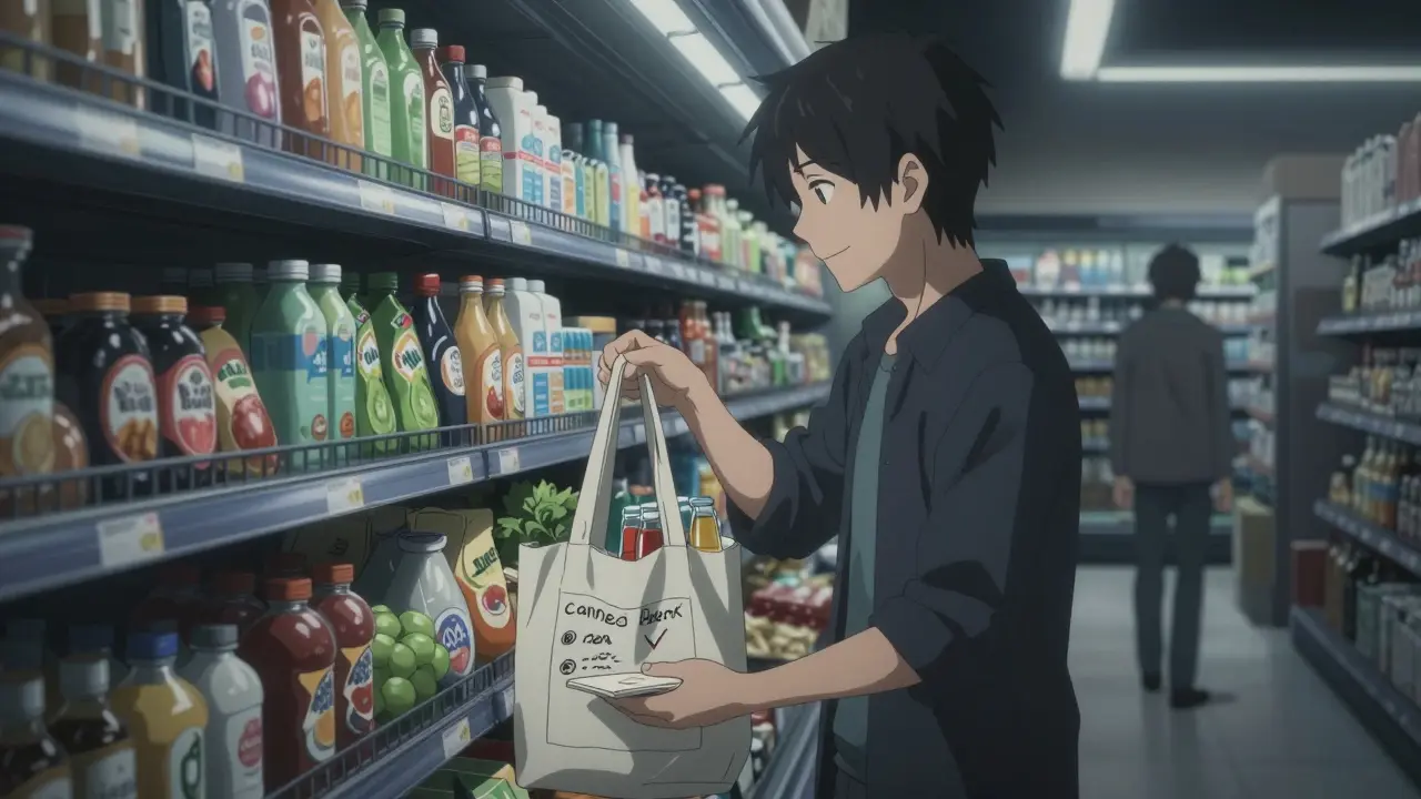 Someone unpacking groceries in a supermarket, organized by section with a handwritten list.