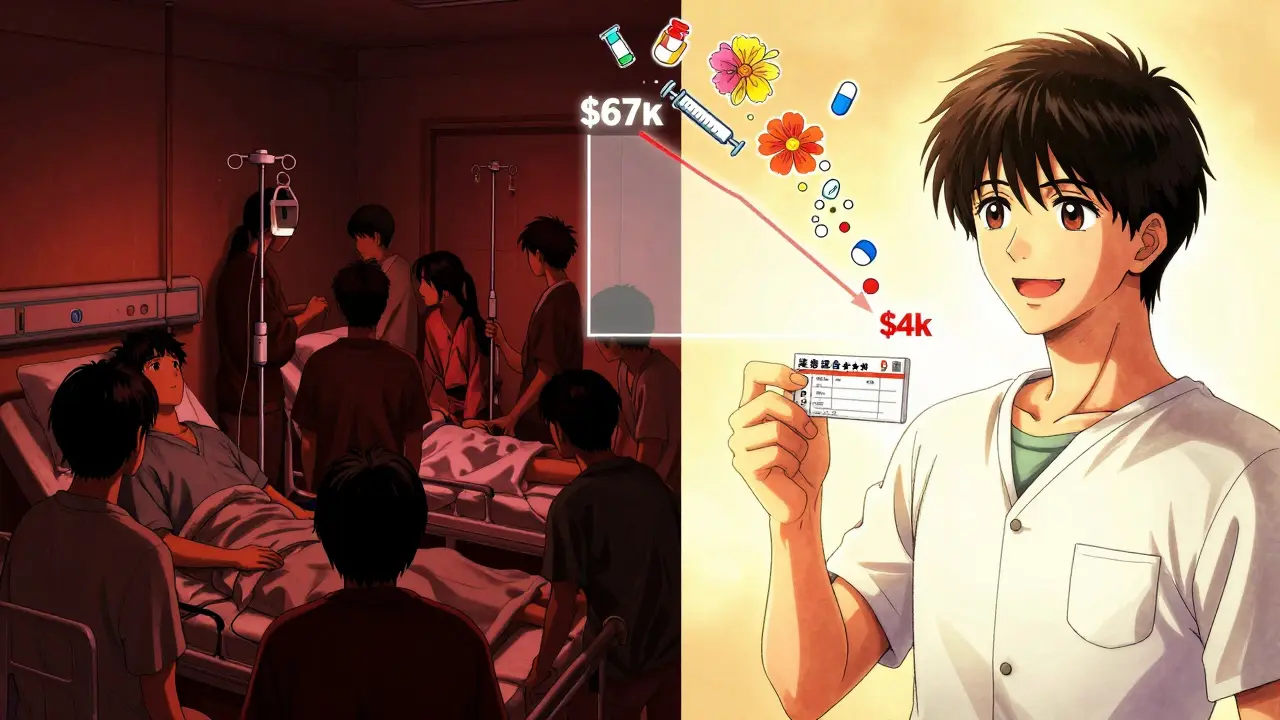 Split image: costly hospital treatment vs. safe penicillin use with cost savings graph.