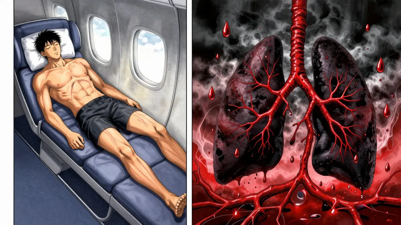 Split scene: clot forming during flight then blocking lung artery, dark anime symbolism.