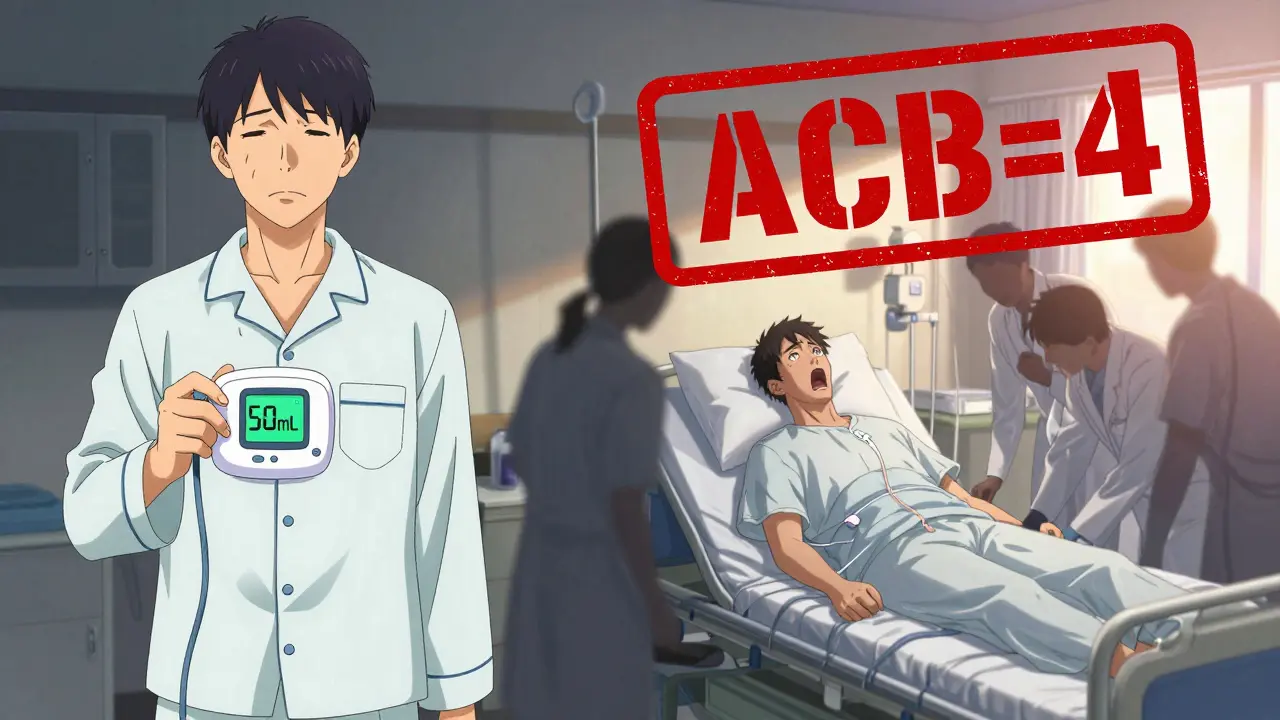 Split scene: man safely using home scanner vs. earlier ER catheterization, with ACB risk score looming overhead.