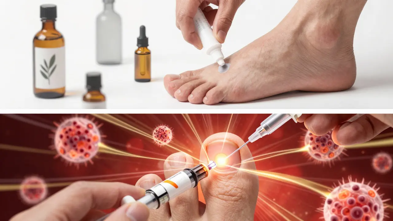 Split scene: person using antifungal cream (left) vs. receiving steroid shot with glowing immune cells (right).