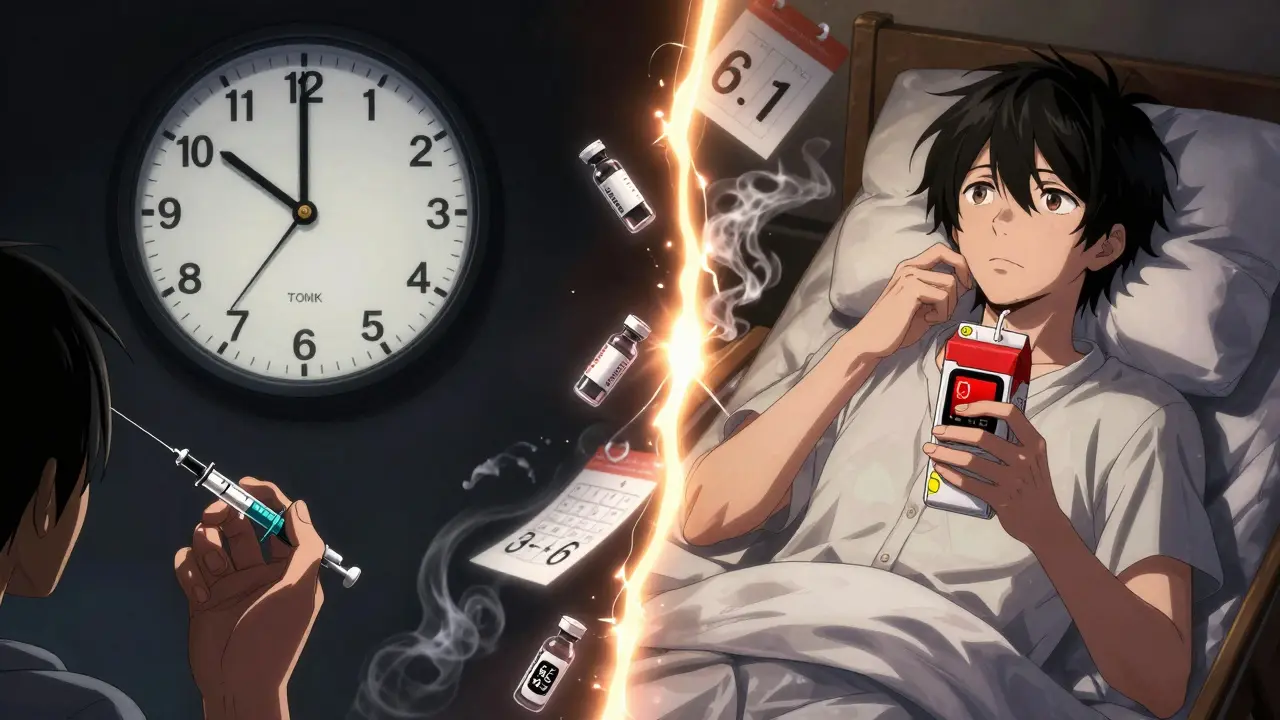 Split scene showing insulin dosing in New York and a wide-awake traveler in Tokyo at 3 a.m., with time zones dividing the image.