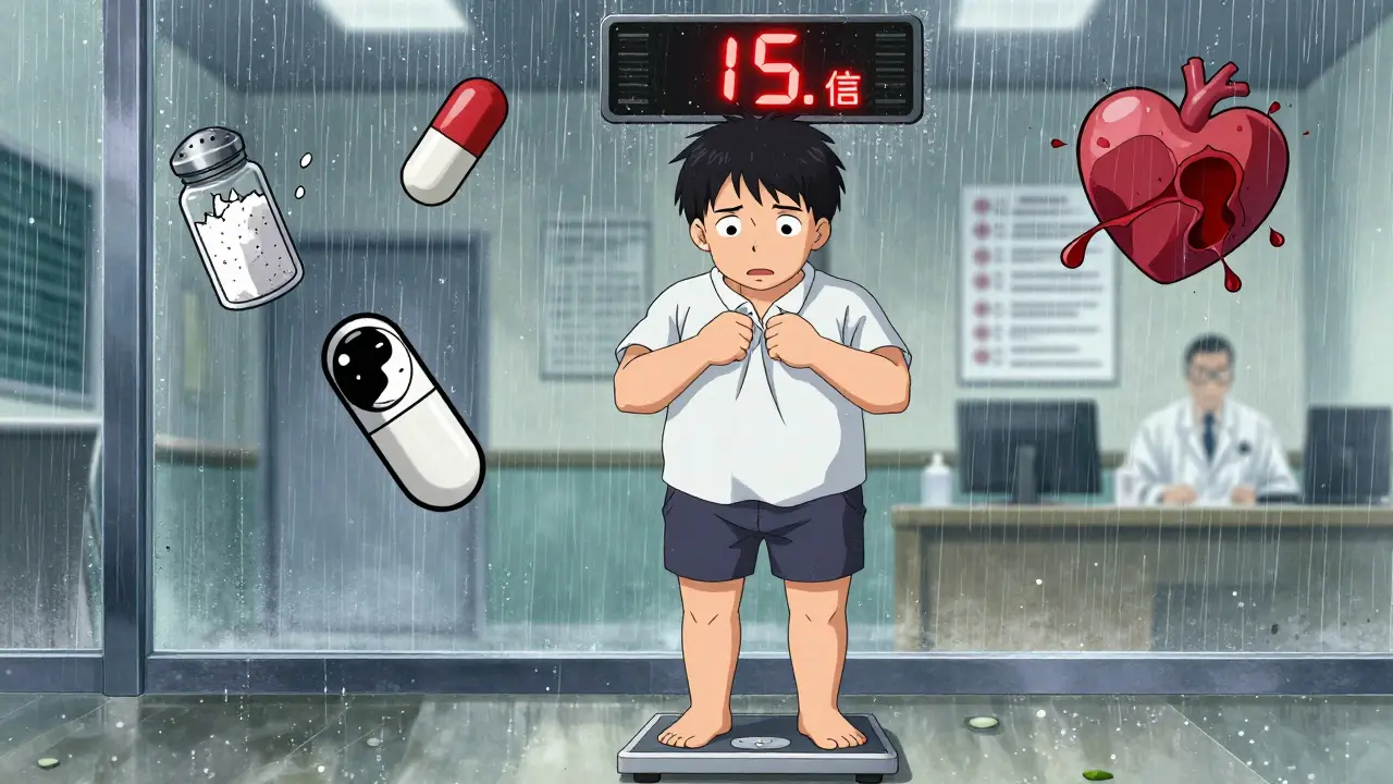 Teenager on scale with weight gain warning, surrounded by medical icons