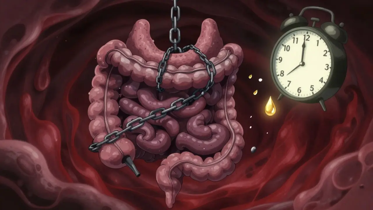 Thyroid gland bound by mineral chains in intestine, golden pill drop breaking free as time passes.