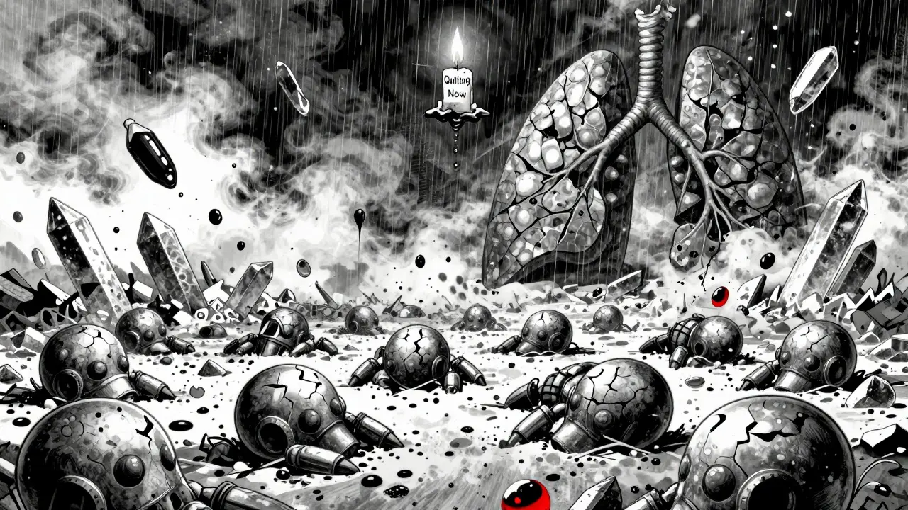 A battlefield inside a human lung where immune cells lie defeated amid toxic vaping debris.