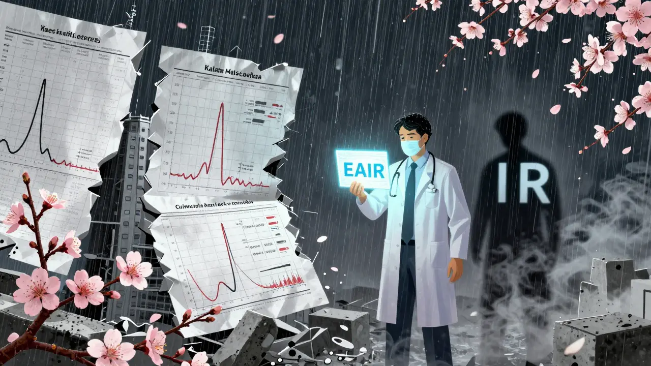 A battlefield of medical curves: collapsing Kaplan-Meier towers vs. growing hazard ratios, with EAIR as a glowing symbol.