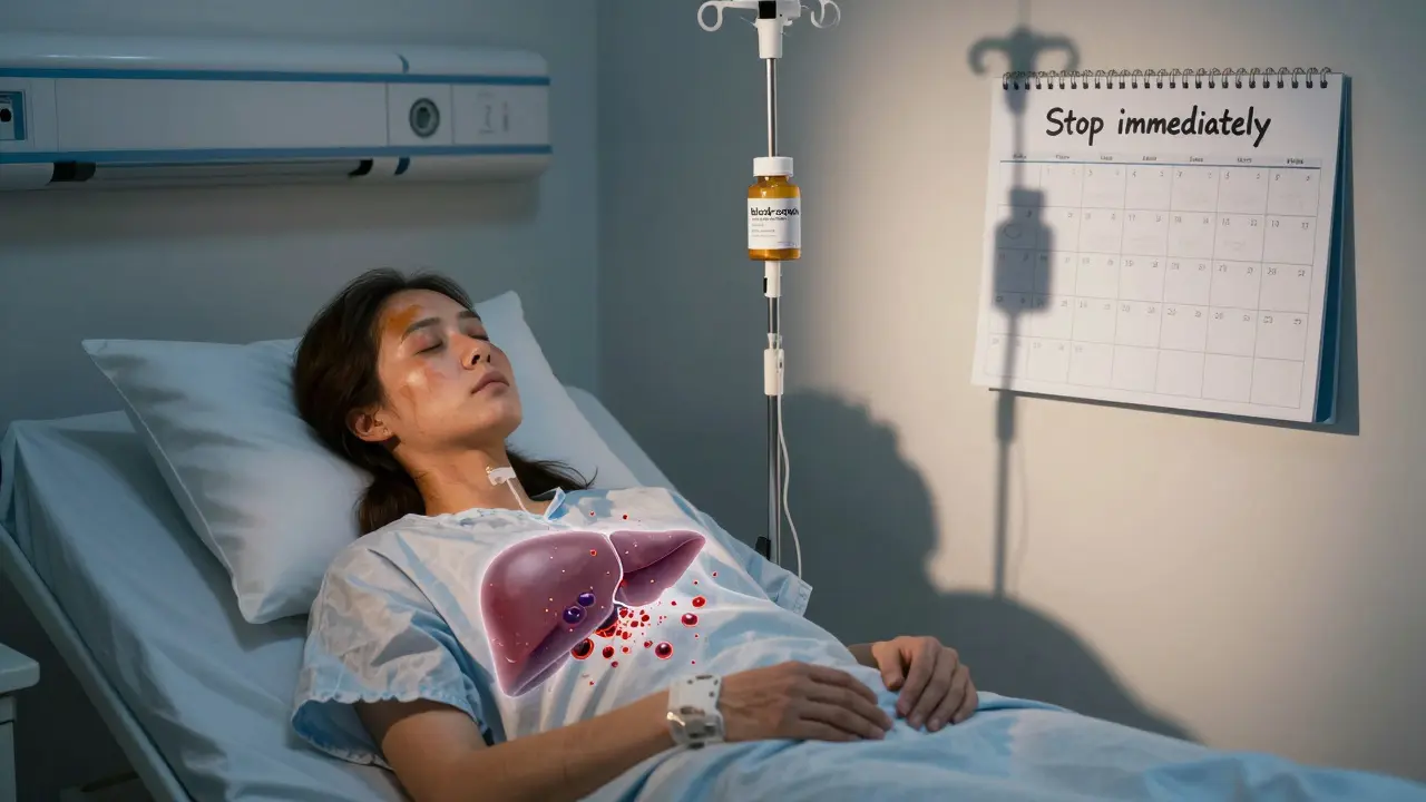 A jaundiced woman in a hospital bed with a ruptured liver overlay, next to a black cohosh bottle and a marked calendar.