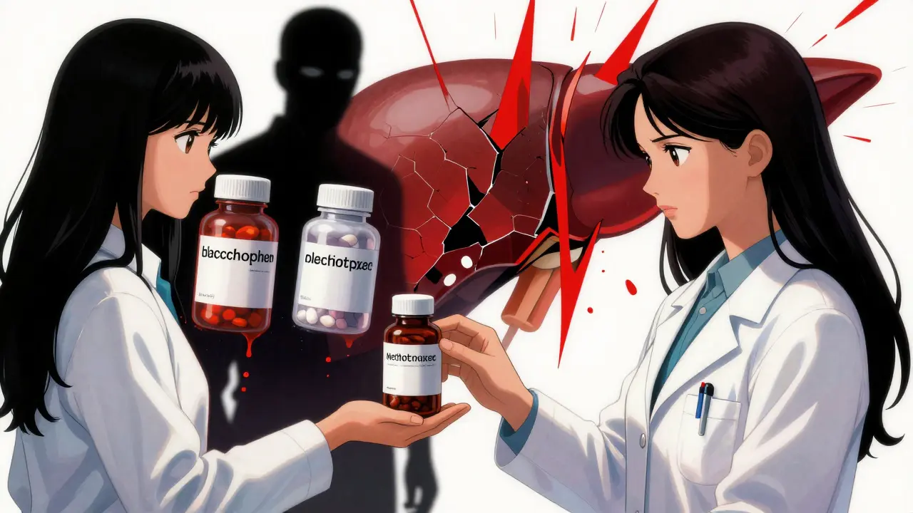 A pharmacist hands black cohosh to a woman while ghostly medication bottles loom behind her, symbolizing dangerous interactions.