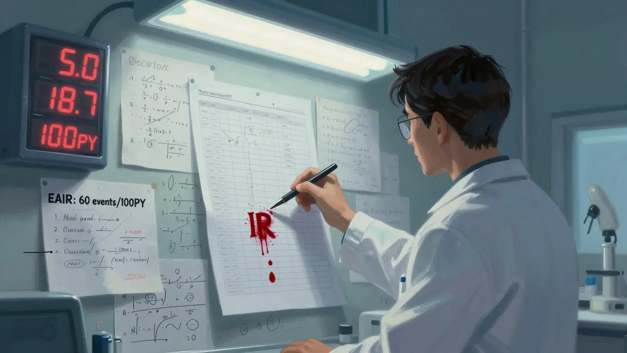 A statistician in a lab surrounded by flickering patient-year counters and a dominant EAIR formula.