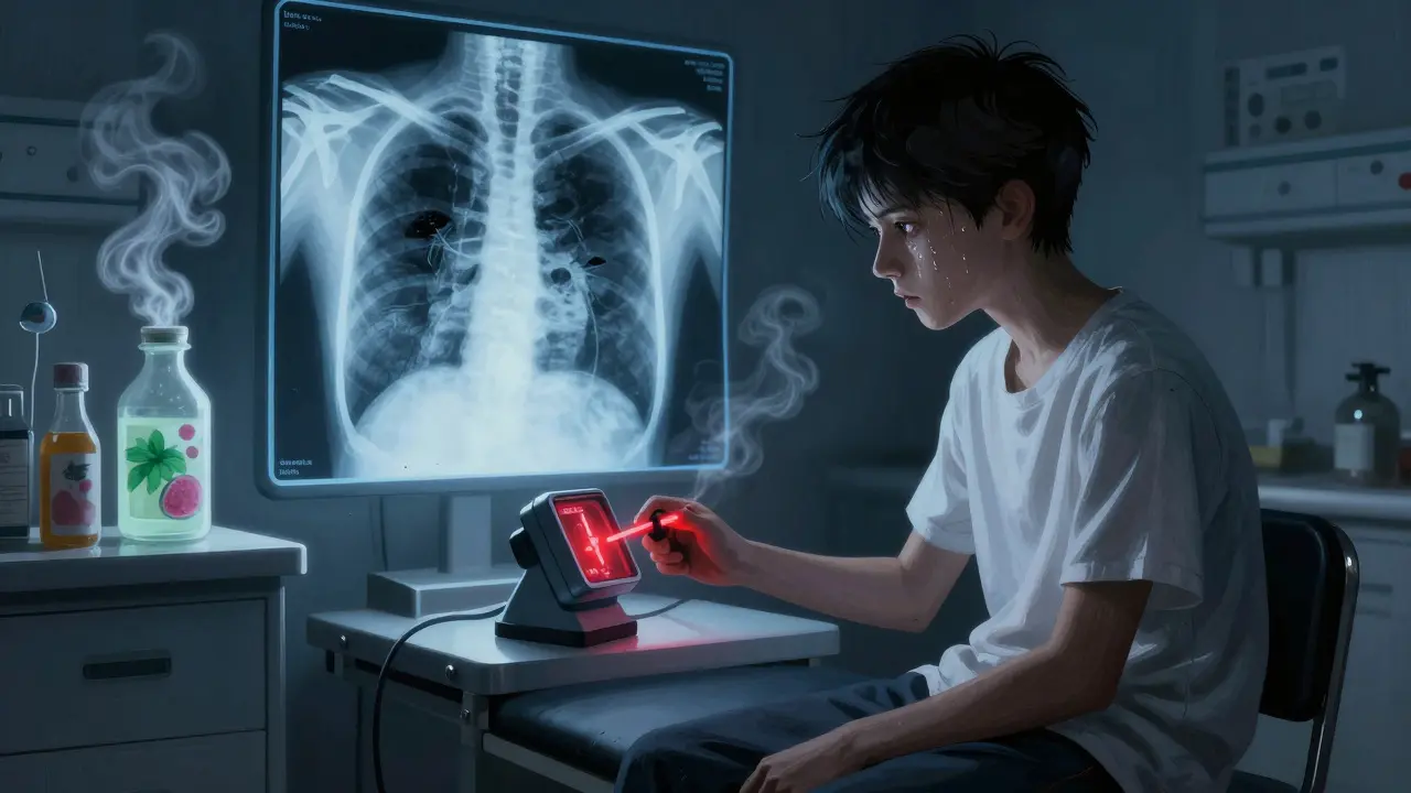A teenager stares at a spirometer reading while their lungs show dark scarring and vapor spirits in the background.
