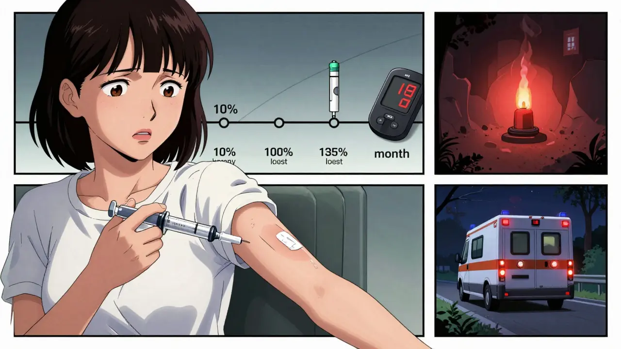 A woman injects expired insulin as a blood sugar monitor flashes dangerously high in the background.
