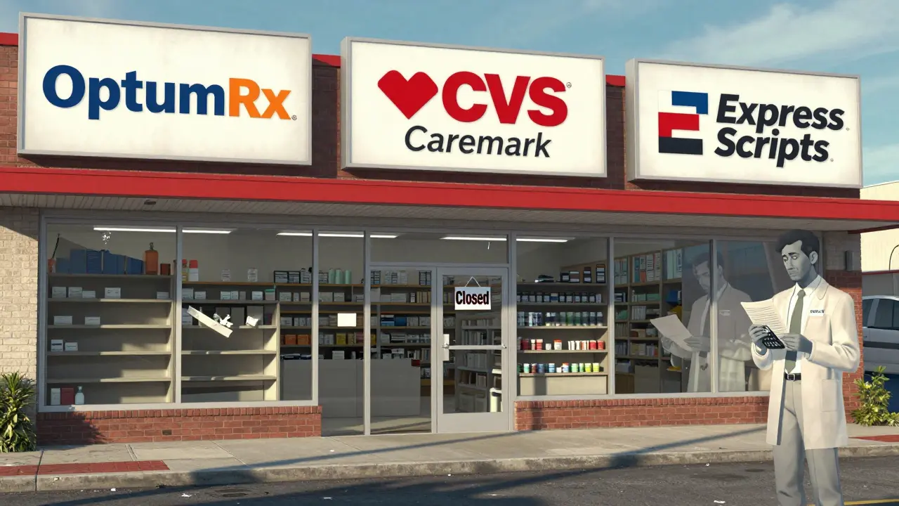 Closed independent pharmacy under giant PBM corporate logos, ghostly pharmacists holding contracts in background.