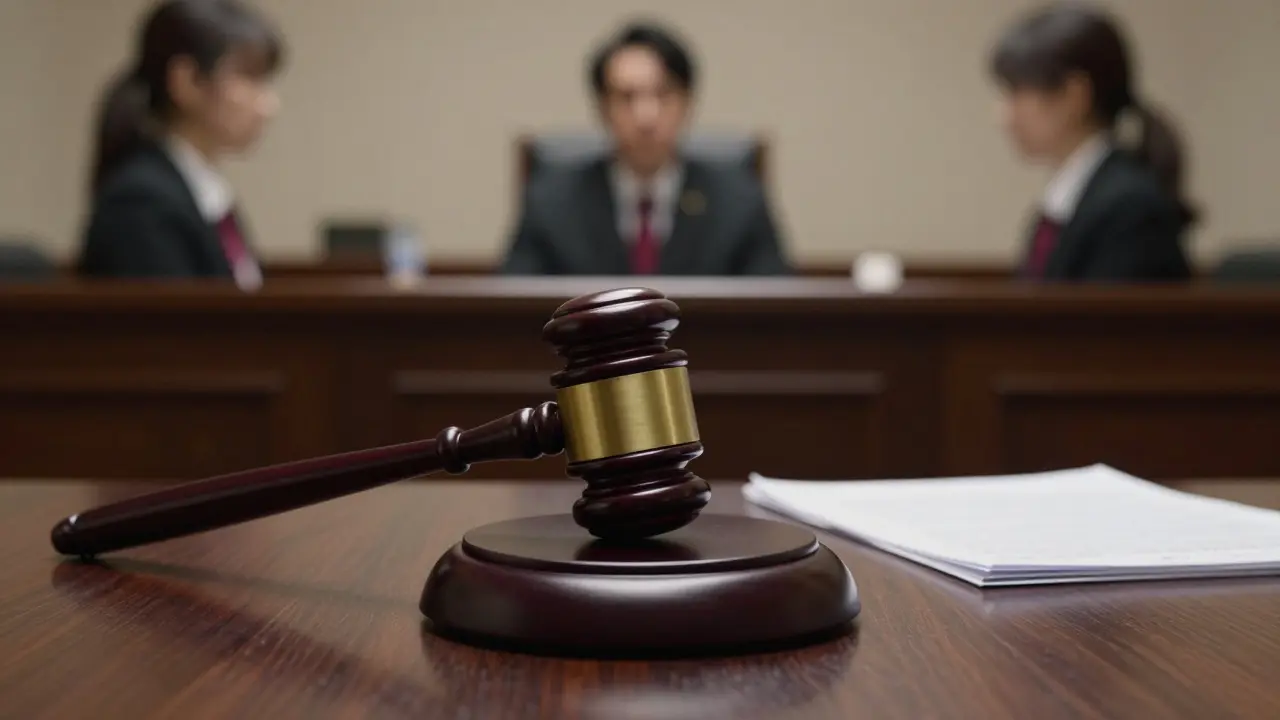Courtroom scene with gavel and tense lawyer-pharmacist confrontation.