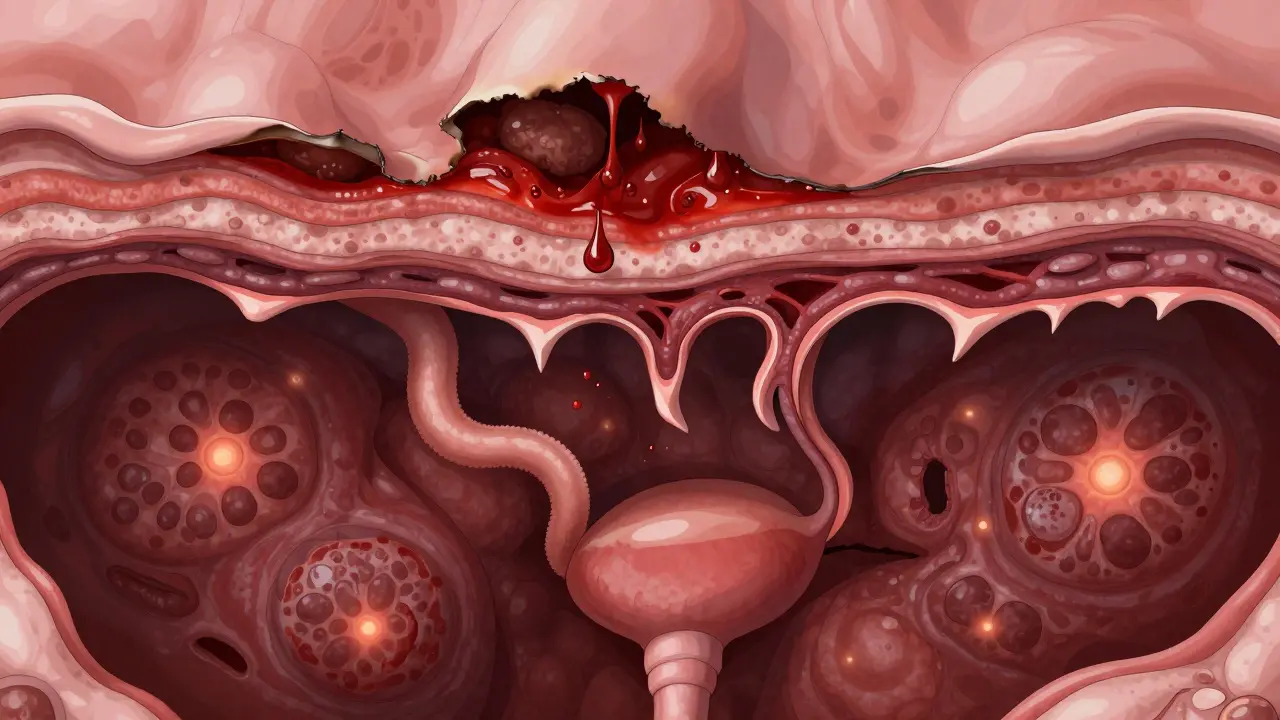 Cross-section of bowel wall contrasting shallow UC erosion with deep Crohn's transmural fistula and granulomas in Gekiga style.