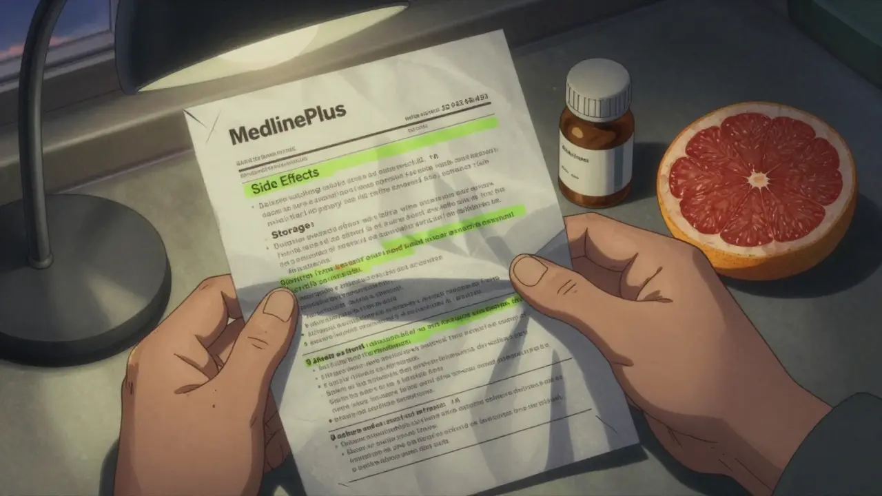 Hand holding a printed MedlinePlus drug page with highlighted safety sections