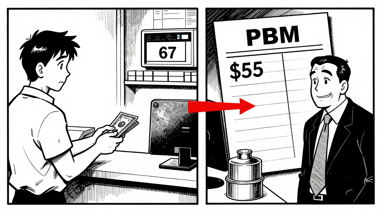 Patient paying  for generic drug while hidden PBM ledger reveals  profit, rendered in stark ink and shadow.