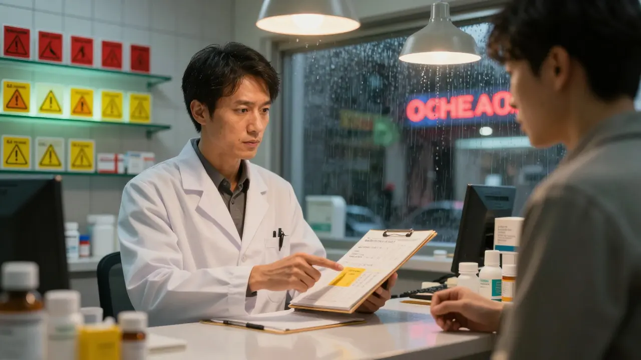 Pharmacist reviewing medications with a patient, warning icons glowing on bottles.