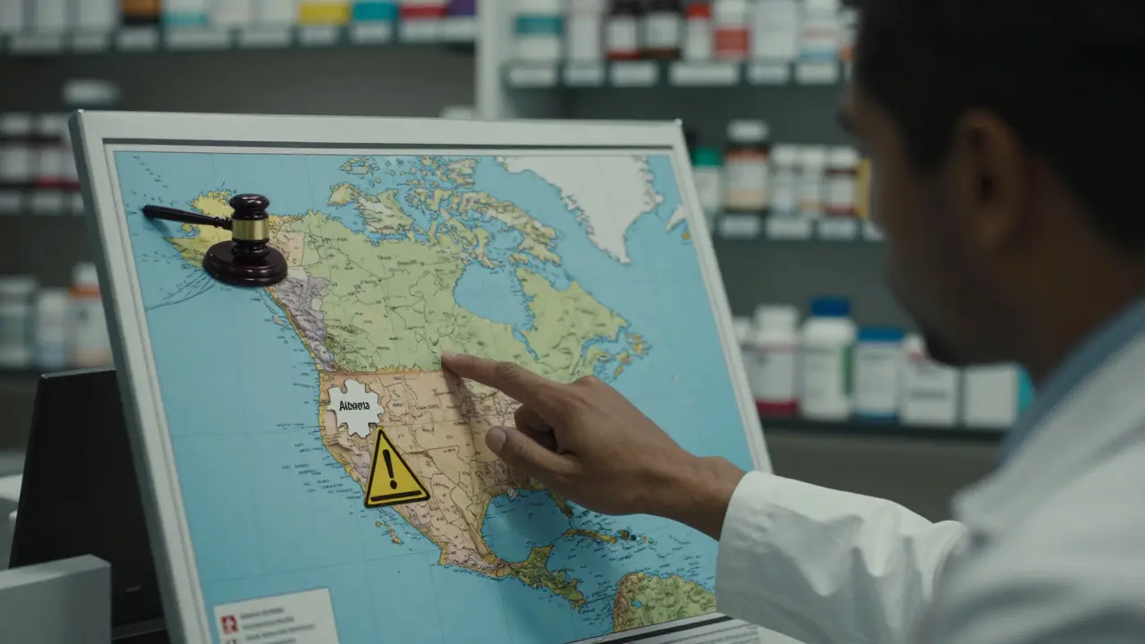 Pharmacist studying map with US state and Canadian province legal symbols.