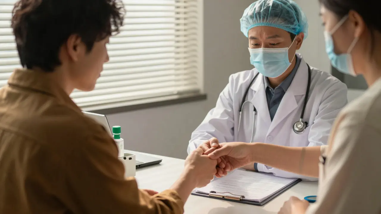 Traveler receiving emergency medication from international doctor.