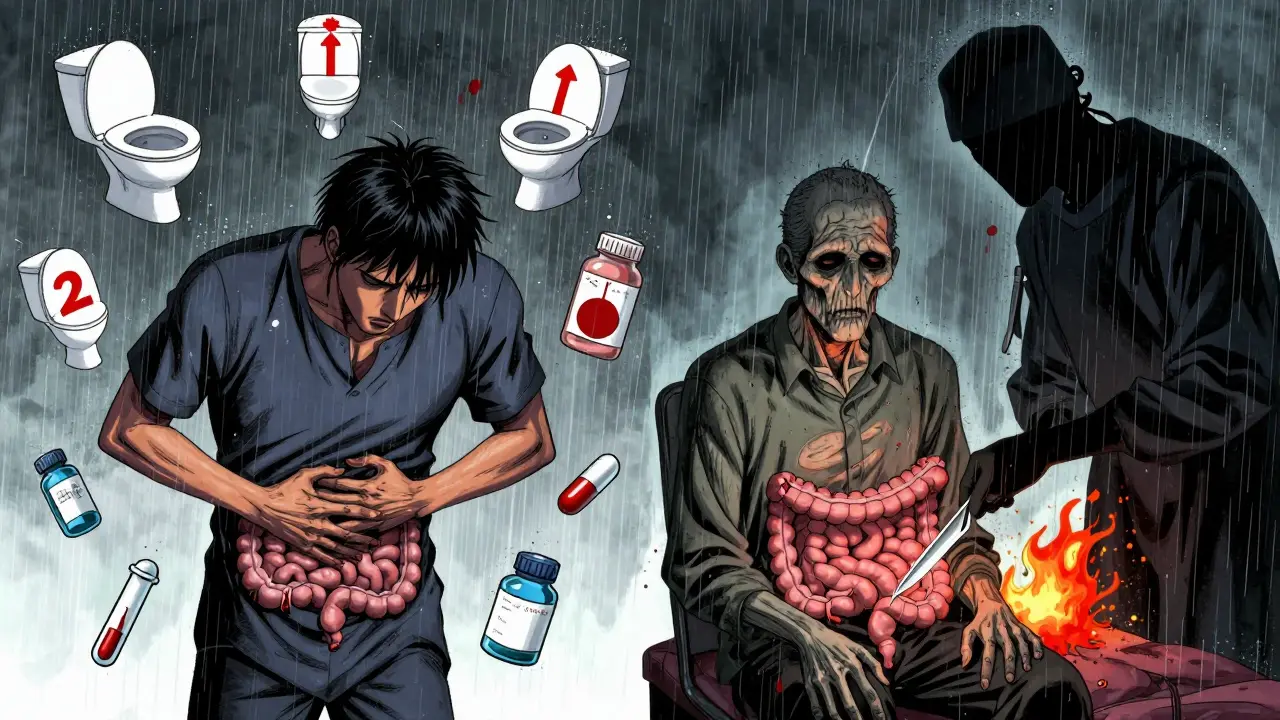 Two patients with IBD surrounded by symbolic health markers: urgency and blood for UC, malnutrition and strictures for Crohn's, in Gekiga style.