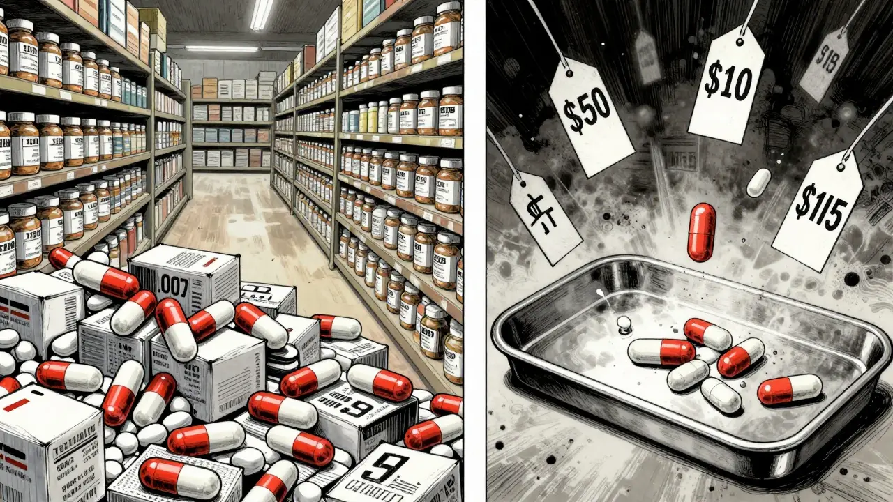Warehouse with generic pills labeled with wildly different prices beside a single low-cost combination pill.