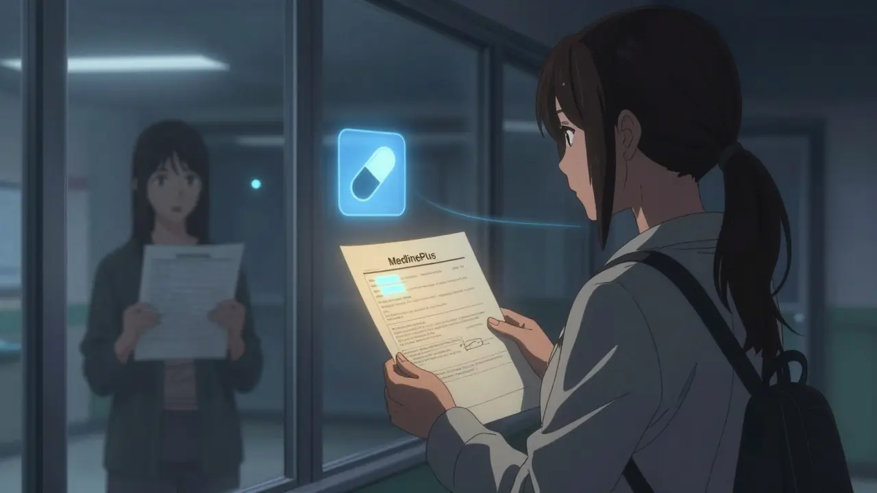 Woman in hospital hallway holding discharge summary with MedlinePlus link