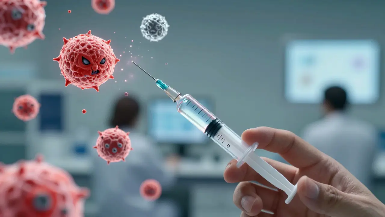 A close-up of IVIG plasma flowing from a syringe as immune cells dissolve into light, symbolizing immune system modulation.