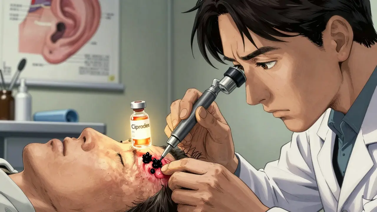 A doctor carefully cleaning an ear canal with a suction tool under magnification, glowing drops hovering above.