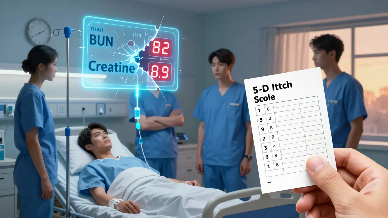 A hospital scene with blood test values glowing above a patient, a high itch score form in hand, as dialysis begins.
