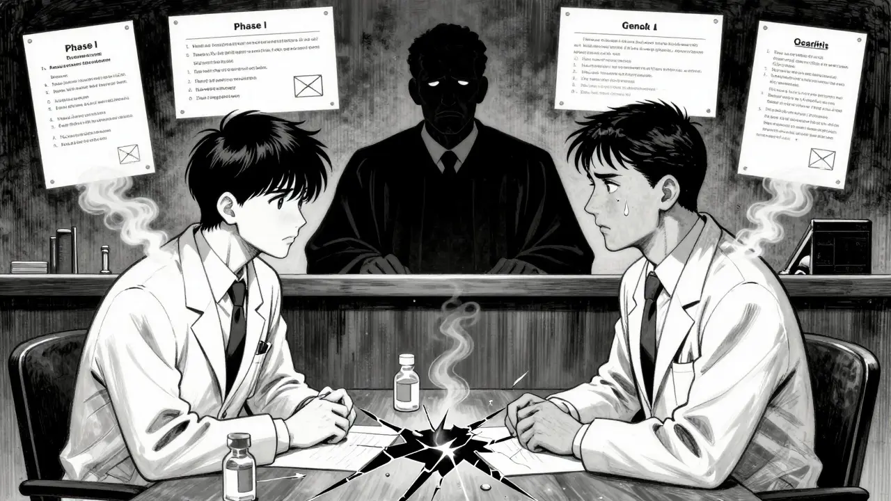 A scientist and generic developer in court, with floating panels of legal evidence and Judge Hughes watching silently.