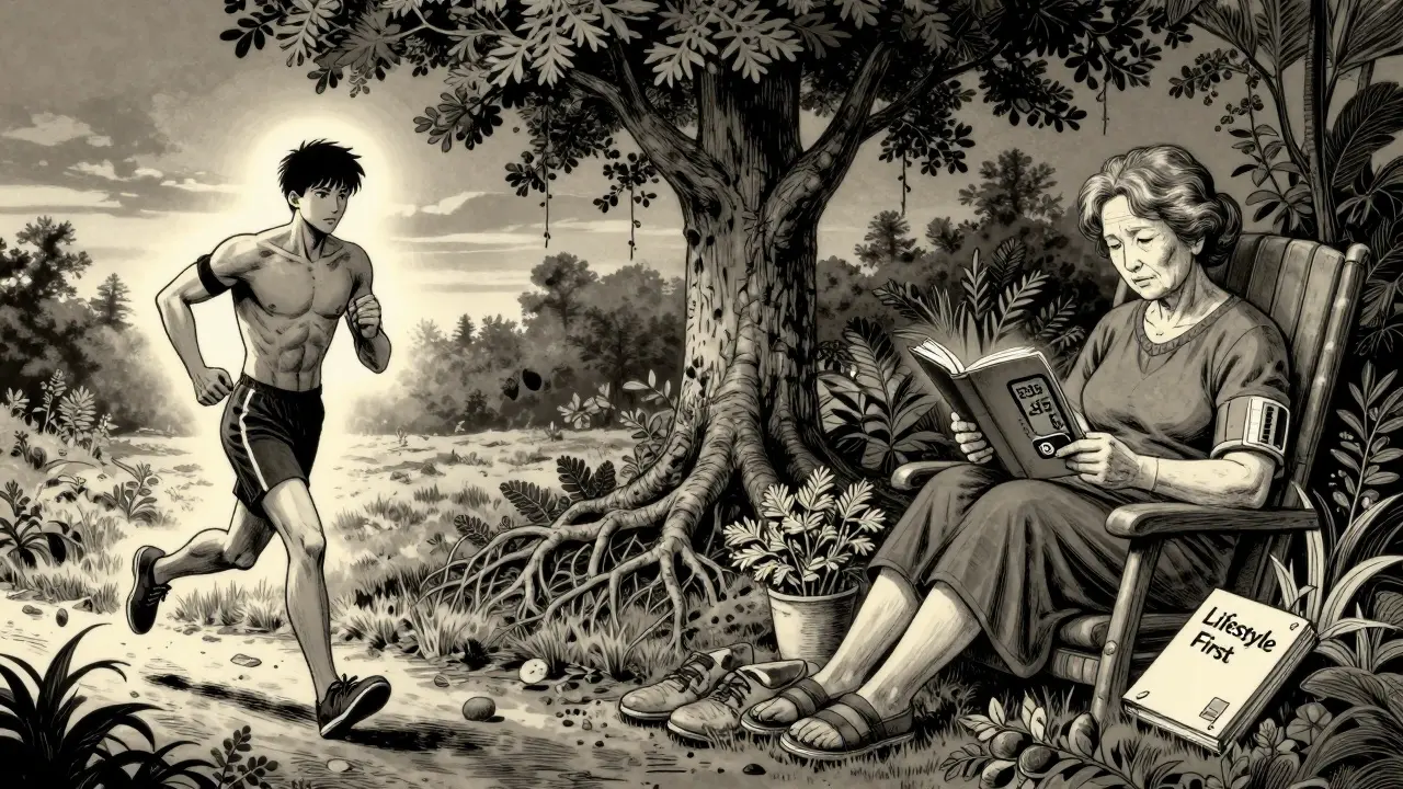 A split scene showing a young jogger and an older woman in a garden, each with their personalized blood pressure targets in a manga-style illustration.