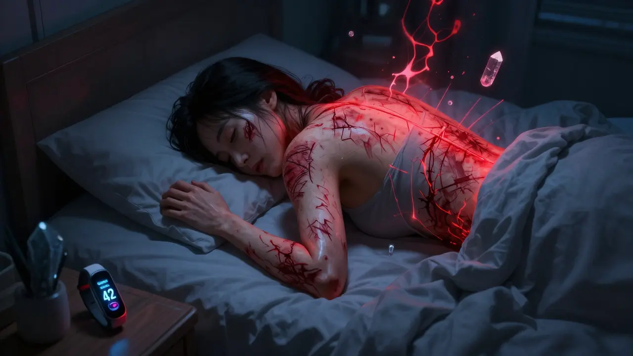 A woman with scratched skin lying awake at night, glowing red marks and a low sleep score on a Fitbit.