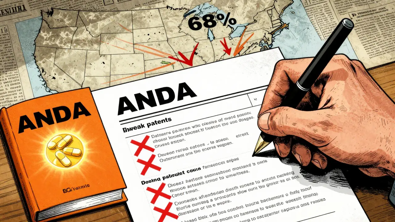 An ANDA filing beside the Orange Book, with weak patents crossed out and lawsuit arrows pointing to Delaware.