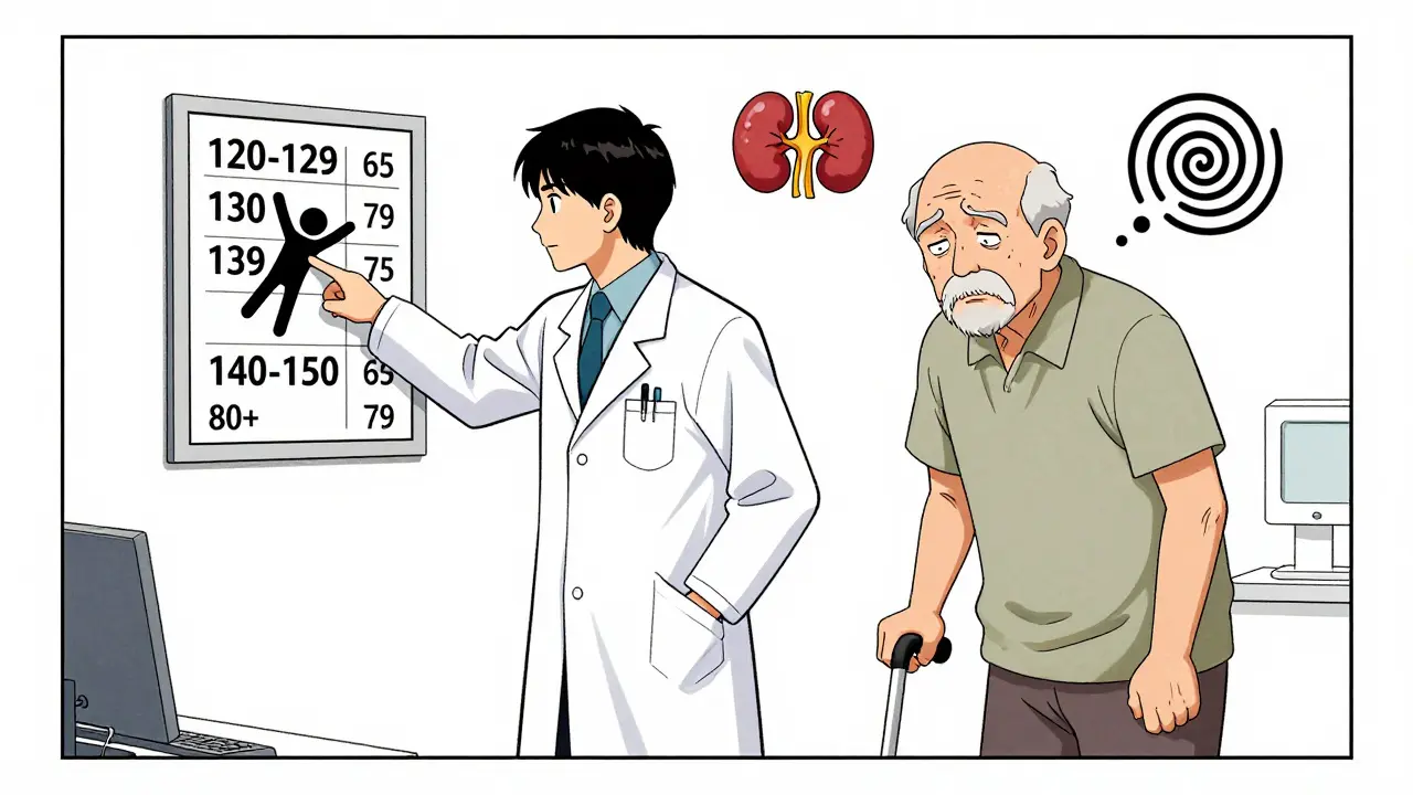 An elderly patient and doctor reviewing age-specific blood pressure guidelines in a clinic, with risk symbols floating nearby.