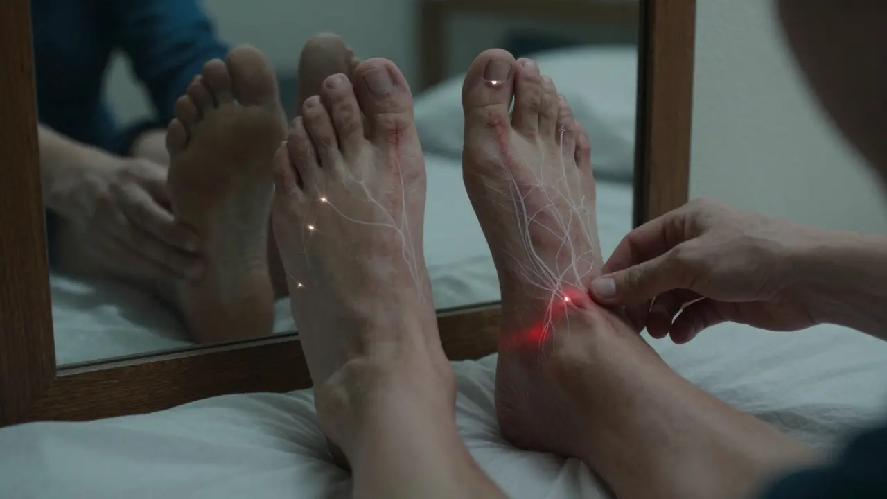 Close-up of feet being checked for injury under dim light, with faint nerve damage glowing subtly.