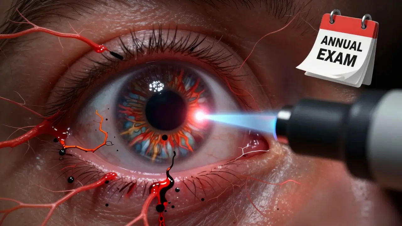 Eye exam scene showing retinal bleeding with a laser beam sealing the damage, symbolizing early detection.