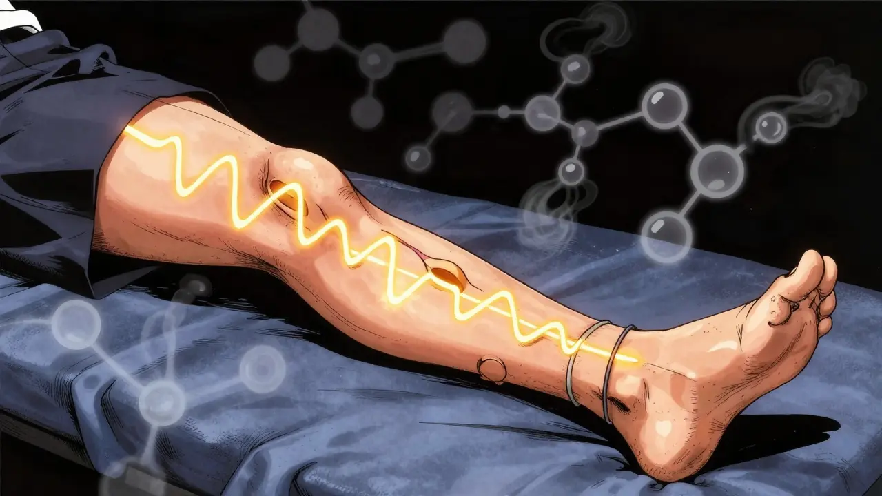 Golden light waves pulse over residual limb representing nerve stimulation therapy.