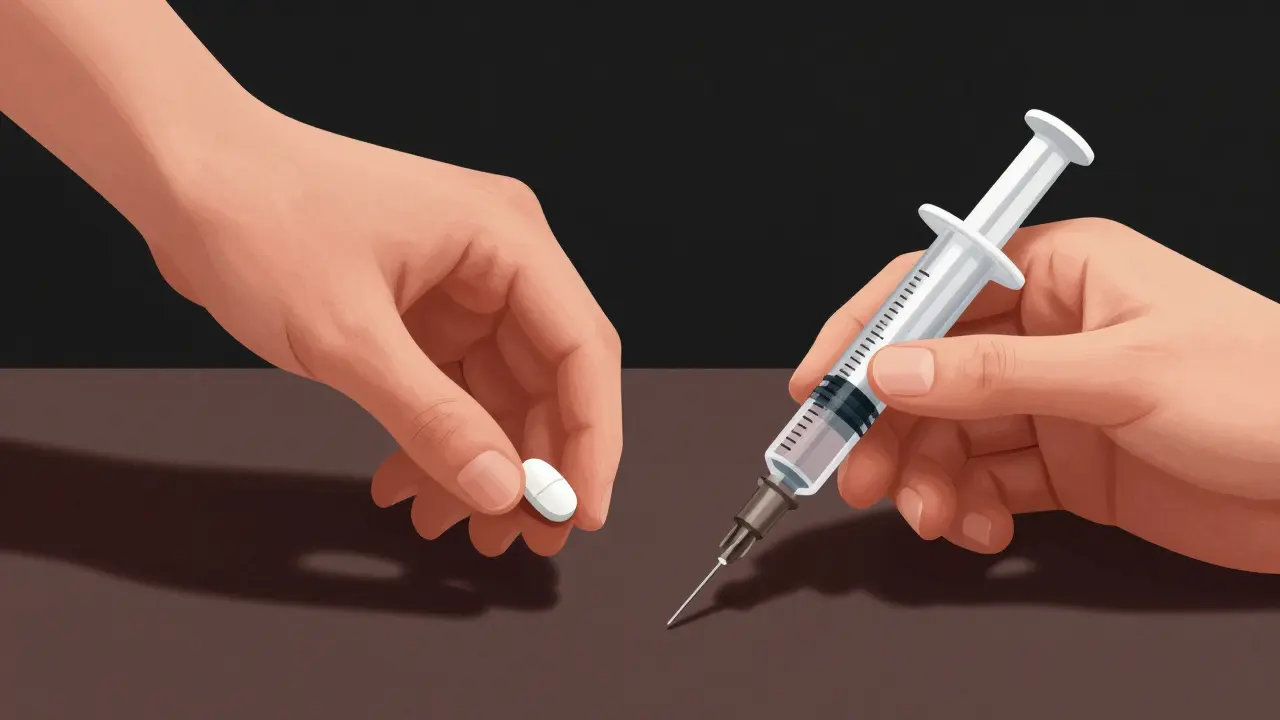 Hands choosing between pill and injection pen in shadows