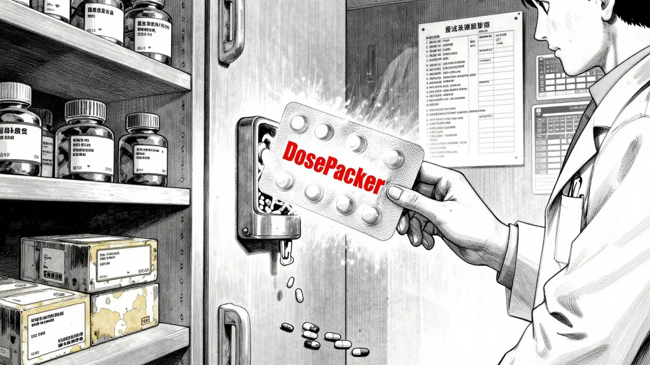Medicine cabinet overflowing with loose pills while a blister pack glows from a dispenser.