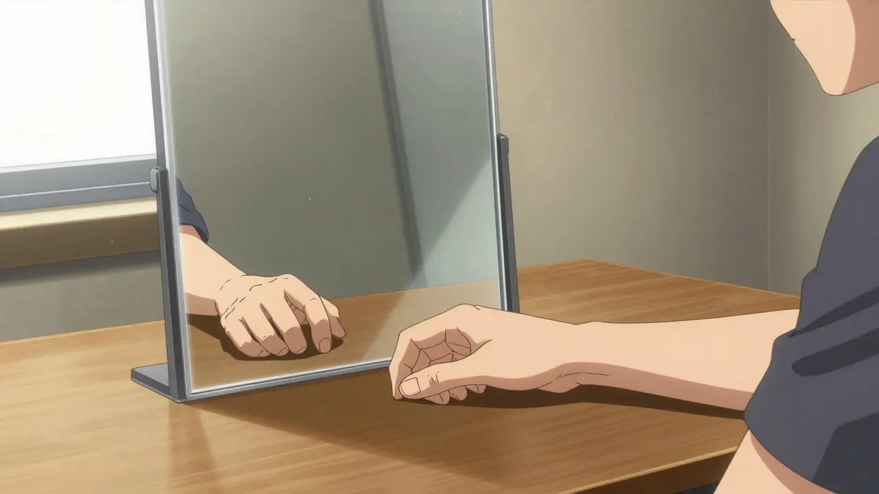 Patient sees reflection of complete hand using mirror therapy box at table.