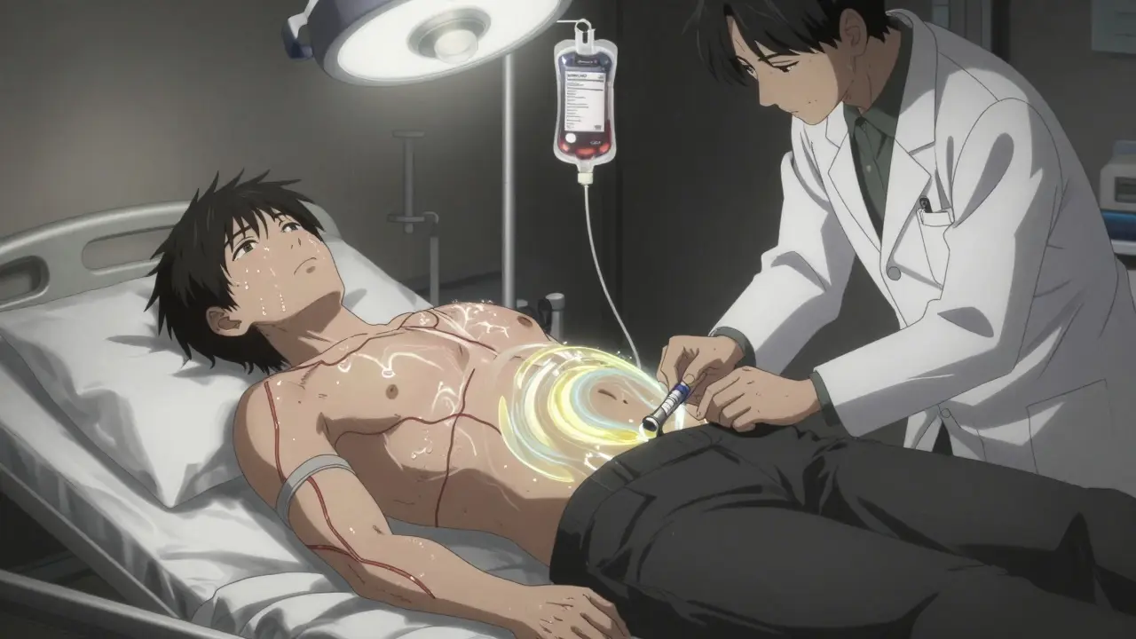 Patient with ascites undergoing paracentesis, fluid draining from abdomen with albumin IV.