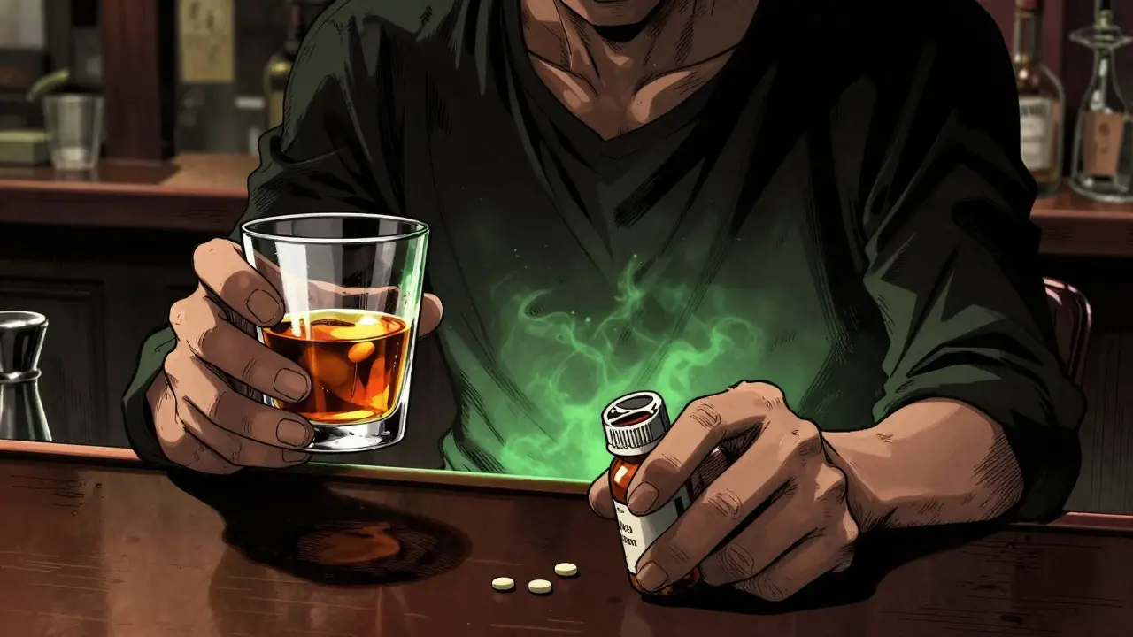 Person holding alcohol and pills with glowing liver