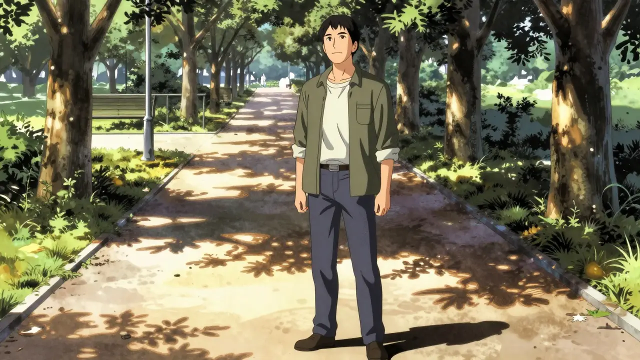 Person walking peacefully in park with calm expression